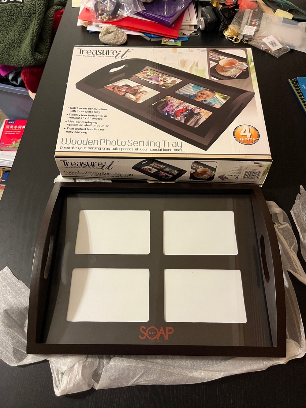 Dark Brown Wooden Photo Serving Tray with 4 Frame Windows